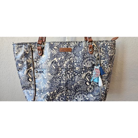 Sakroots Metro Tote Purse Coated Canvas Handbag Owl Charm Canvas Blue Desert - Picture 2 of 14